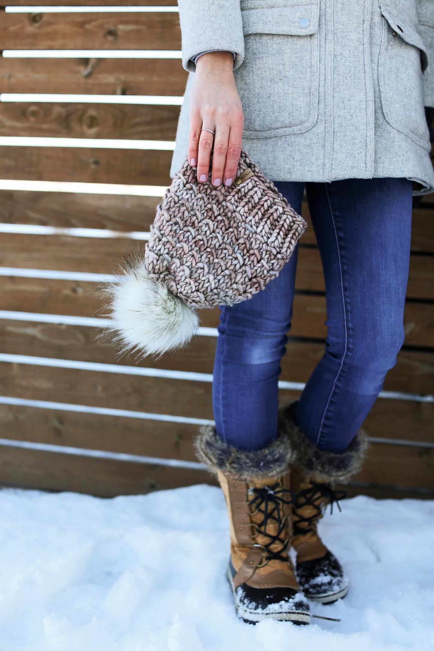 Pearl Gray Merino Wool Knit Hat with Faux Fur Pom Pom