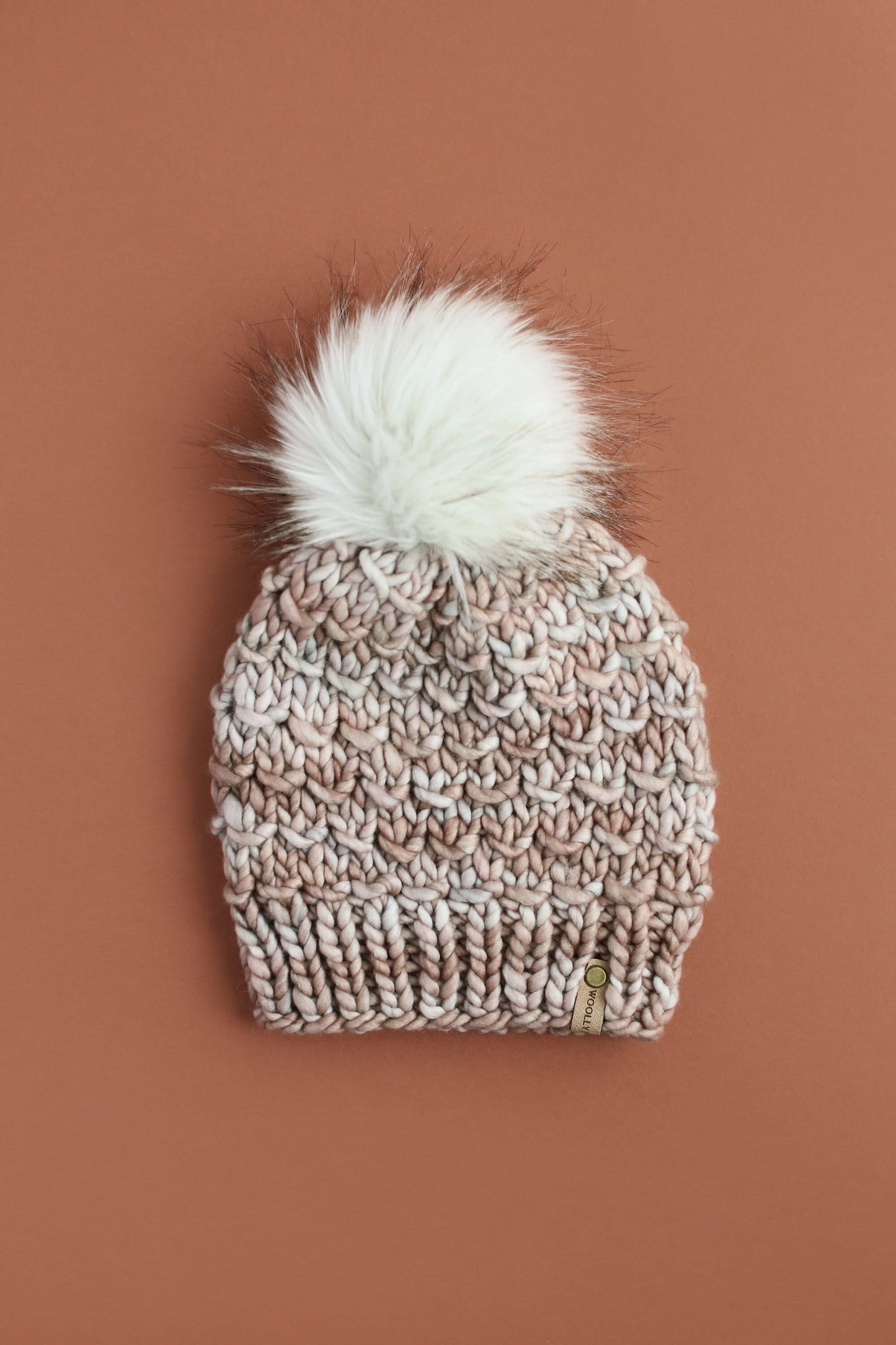 Pearl Gray Merino Wool Knit Hat with Faux Fur Pom Pom