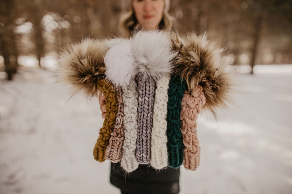 Gray Merino Wool Ribbed Knit Hat with Faux Fur Pom Pom