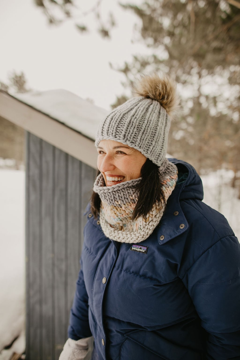 Gray Merino Wool Ribbed Knit Hat with Faux Fur Pom Pom