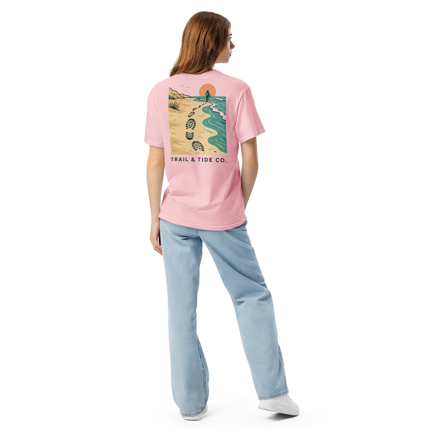 Tidewalker Tee | Bootprints Along Coastal Trail with Sunset and Ocean – Beach Walk Graphic Back Tee with Front Crest Patch (CC1717)