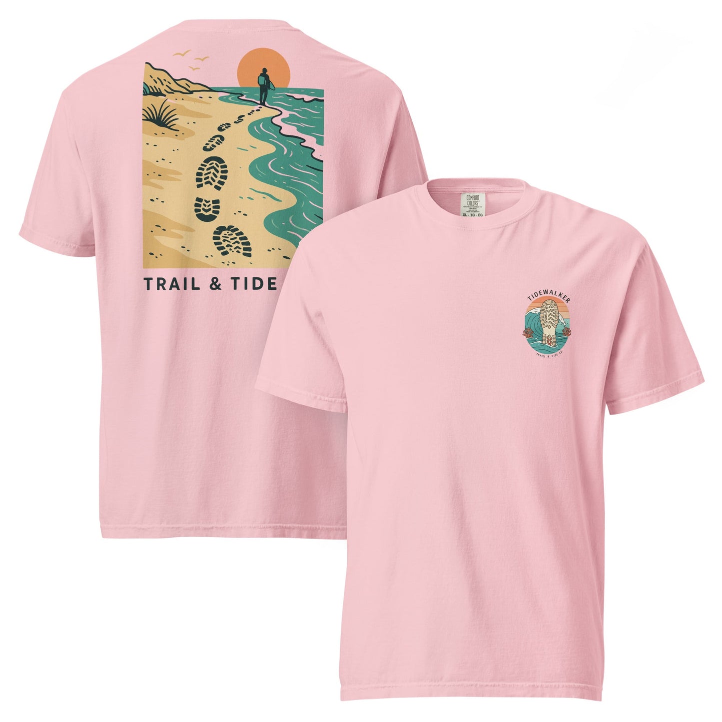 Tidewalker Tee | Bootprints Along Coastal Trail with Sunset and Ocean – Beach Walk Graphic Back Tee with Front Crest Patch (CC1717)