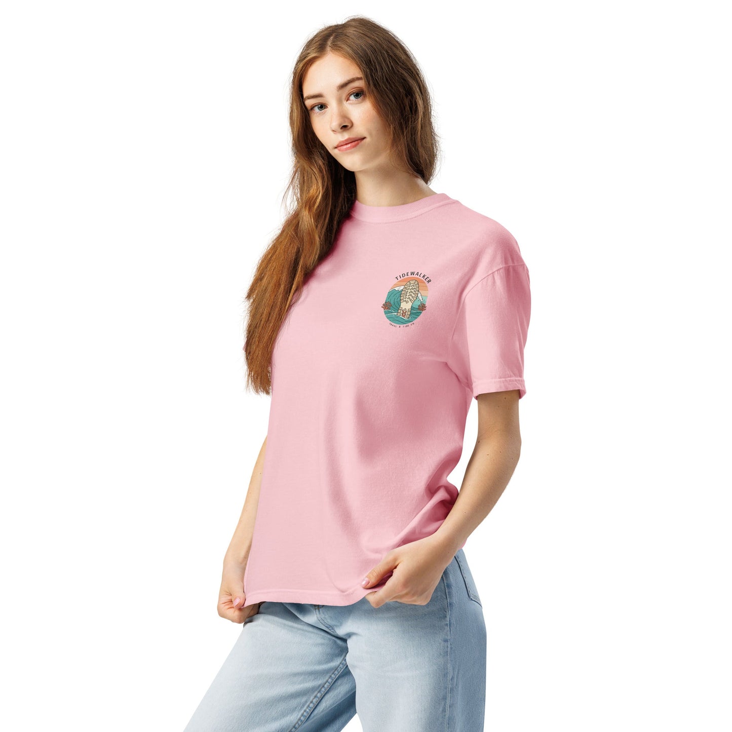 Tidewalker Tee | Bootprints Along Coastal Trail with Sunset and Ocean – Beach Walk Graphic Back Tee with Front Crest Patch (CC1717)