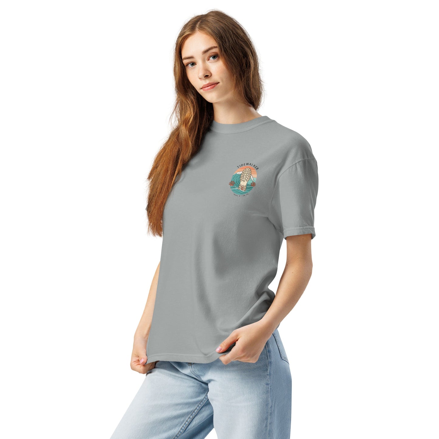 Tidewalker Tee | Bootprints Along Coastal Trail with Sunset and Ocean – Beach Walk Graphic Back Tee with Front Crest Patch (CC1717)