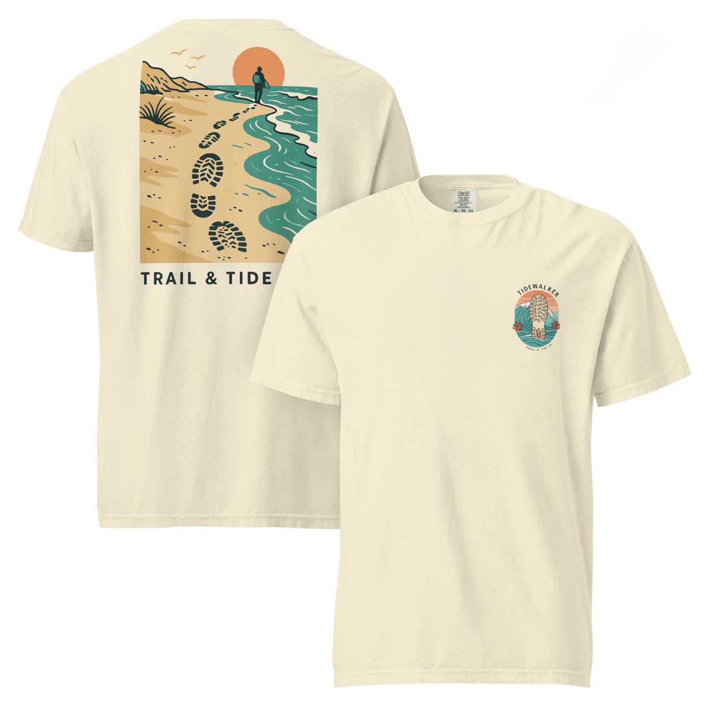 Tidewalker Tee | Bootprints Along Coastal Trail with Sunset and Ocean – Beach Walk Graphic Back Tee with Front Crest Patch (CC1717)