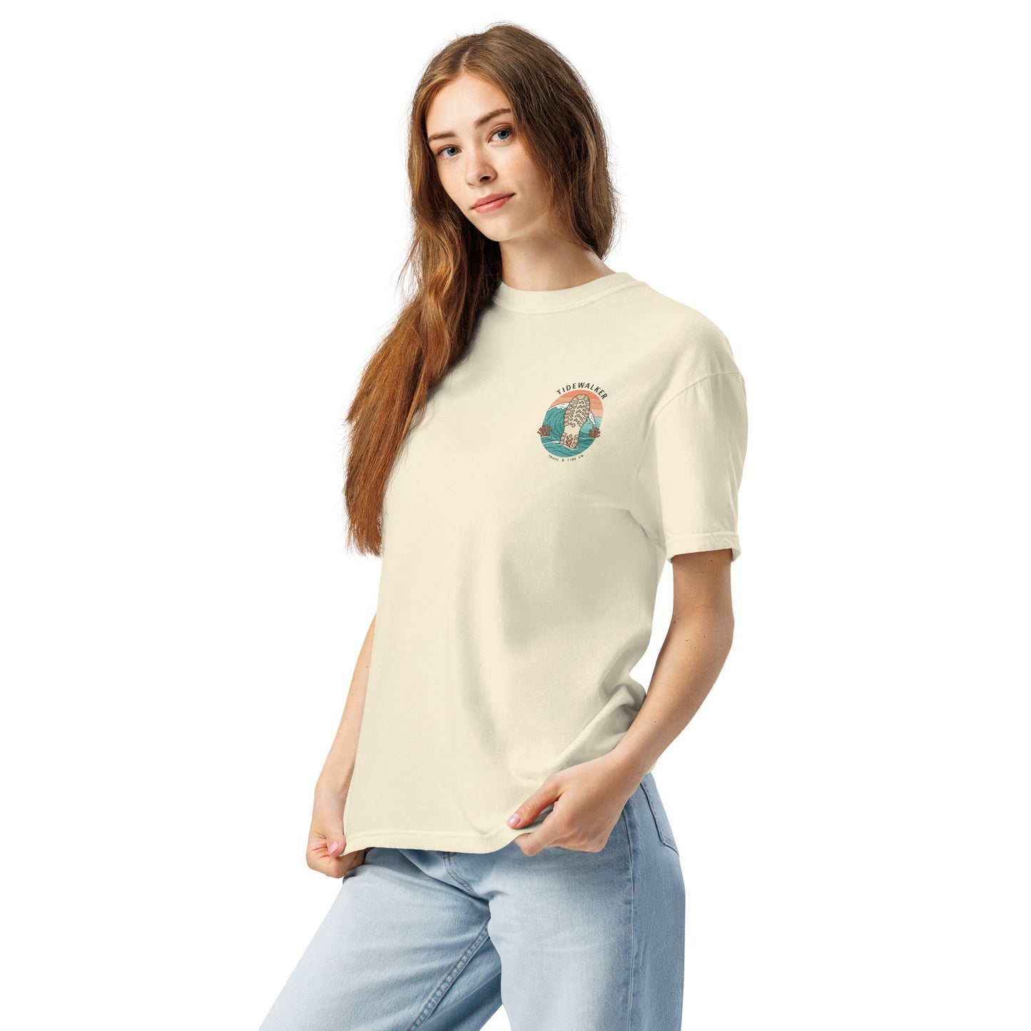 Tidewalker Tee | Bootprints Along Coastal Trail with Sunset and Ocean – Beach Walk Graphic Back Tee with Front Crest Patch (CC1717)