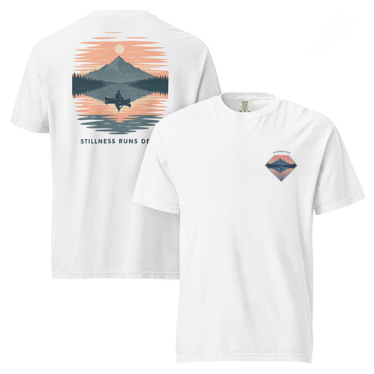 Highwater Horizon Tee | Mountain Lake with Sunset Reflection – Tranquil Nature Graphic Back Tee with Front Crest (CC1717)